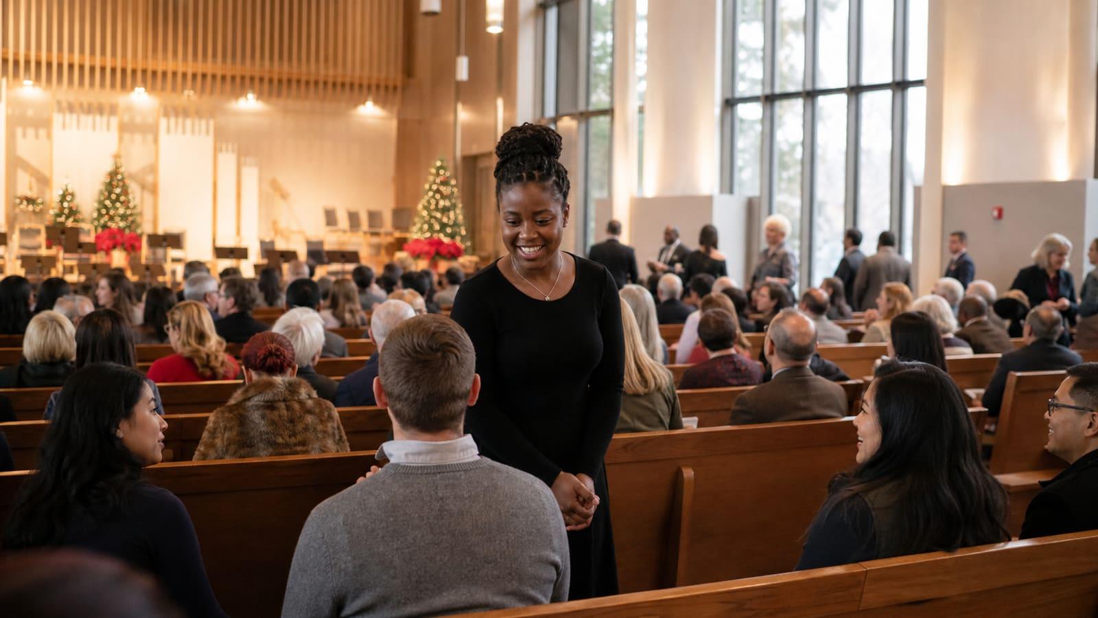 Congregation gathered in a sunlit sanctuary