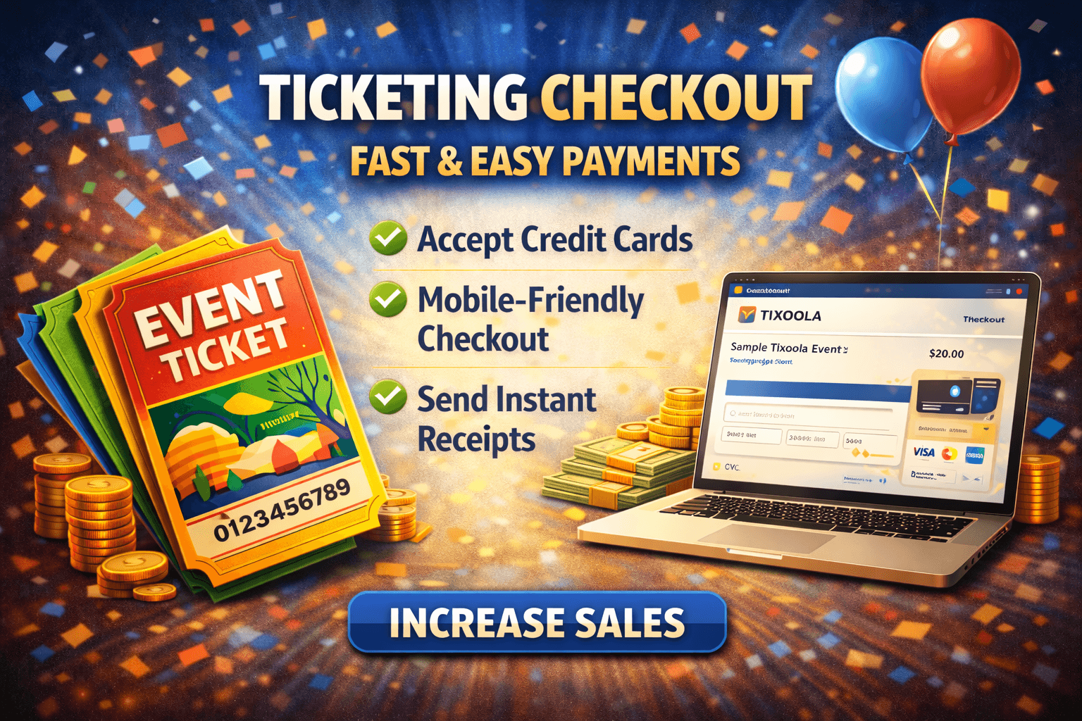 Tixoola event checkout — ticket types, cart holds, and branded event pages